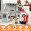 Gray wooden kids play kitchen playset showcasing the lighted microwave and realistic sink for immersive cooking fun.