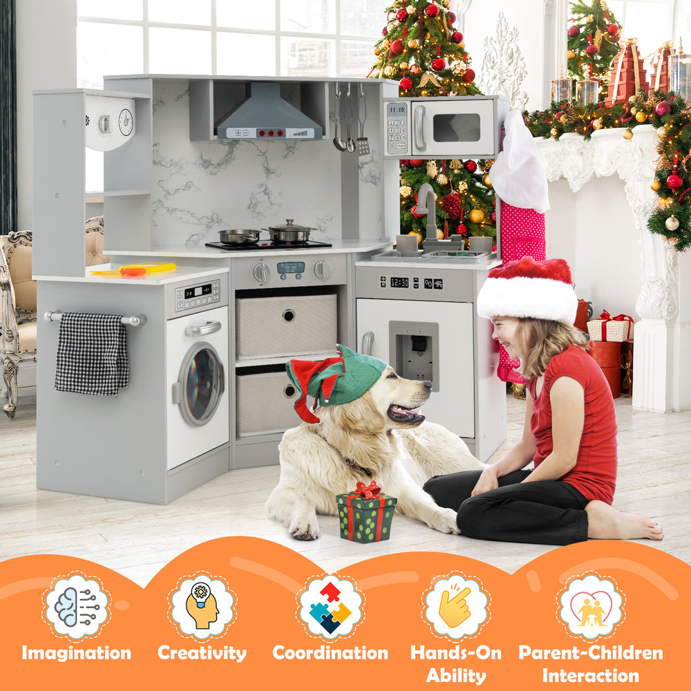Gray wooden kids play kitchen playset showcasing the lighted microwave and realistic sink for immersive cooking fun.