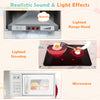 Lighted stovetop and range hood of the gray wooden kids play kitchen playset, enhancing imaginative cooking fun.