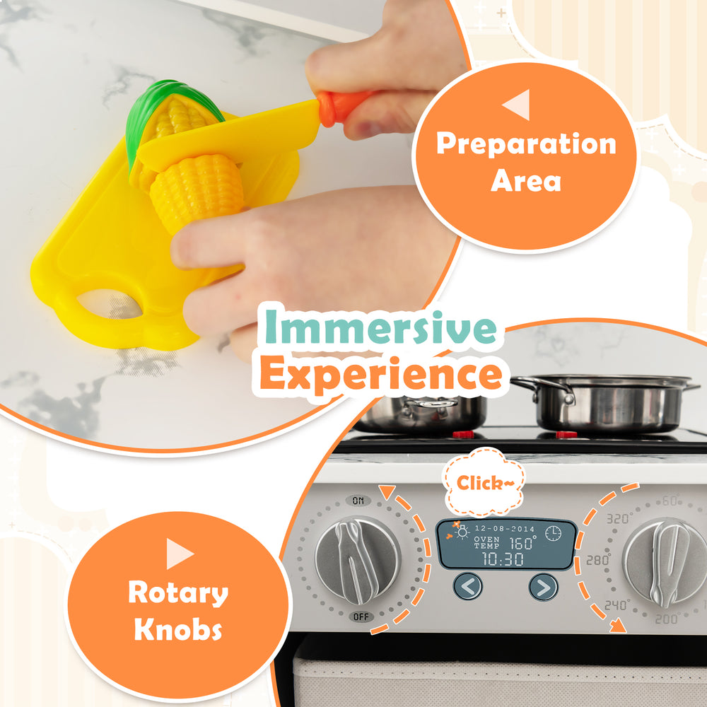 Wooden kids play kitchen playset with realistic lights and sounds, featuring a preparation area and rotary knobs for.