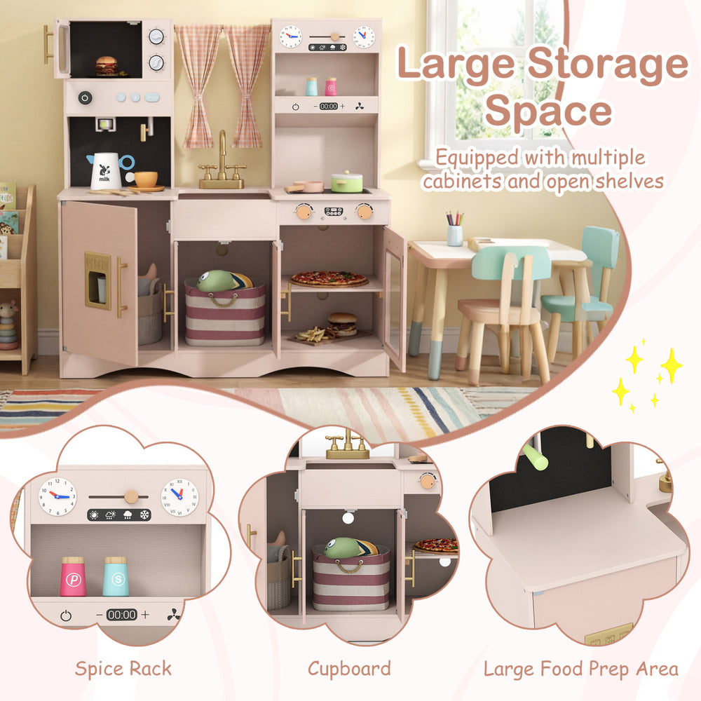 Wooden kids pretend play toy kitchen in pink features a microwave, coffee maker, and large storage space for imaginative play.