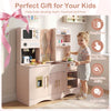 Wooden kids pretend play kitchen in pink with microwave, coffee maker, and accessories for imaginative cooking fun.