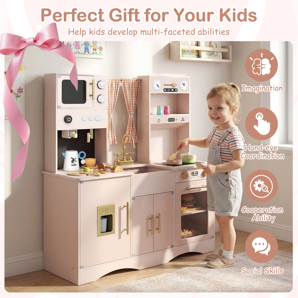 Wooden kids pretend play kitchen in pink with microwave, coffee maker, and accessories for imaginative cooking fun.