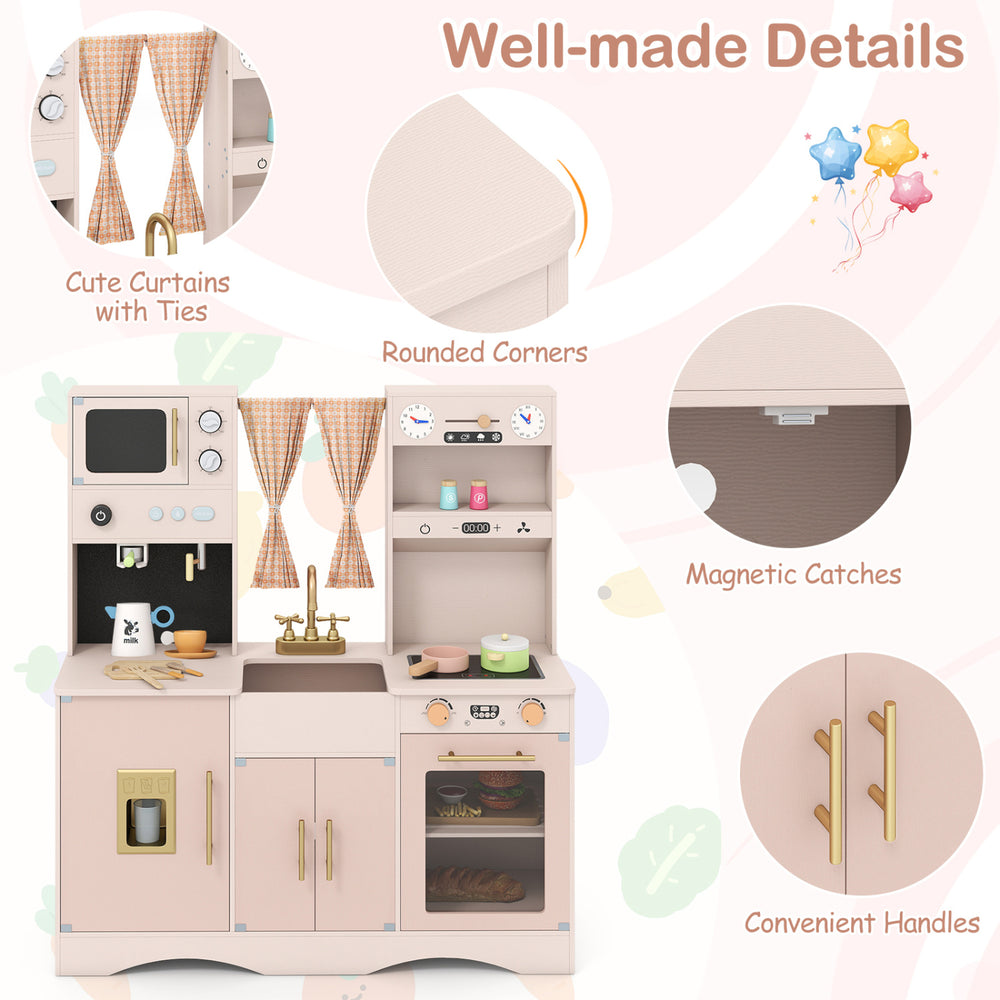Wooden kids pretend play toy kitchen in pink features a microwave, coffee maker, and rounded corners for safe play.