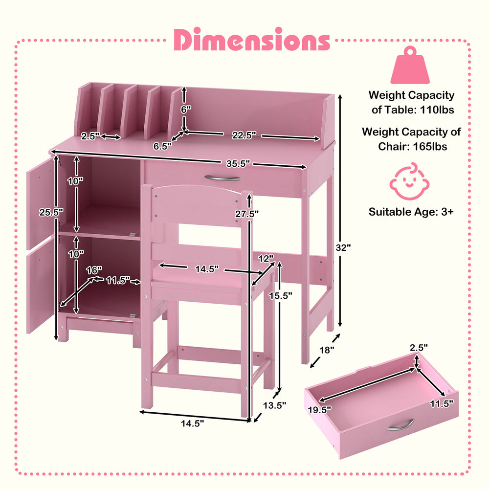 Wooden kids study desk and chair set in pink with storage drawers and book sorters, perfect for ages 3 and up.