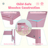 Child-safe pink wooden kids study desk with rounded corners, solid pine legs, and spacious storage for school supplies.