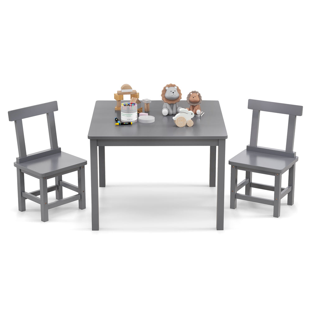 Gray wooden kids table with two chairs, featuring anti-slip foot pads and a sturdy design for play and activities.