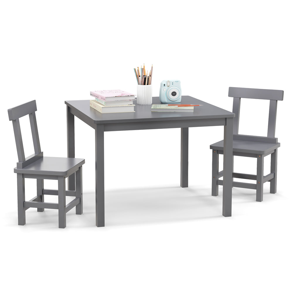 Gray wooden kids table and 2 chairs set with anti-slip foot pads, ideal for reading, drawing, and playing.