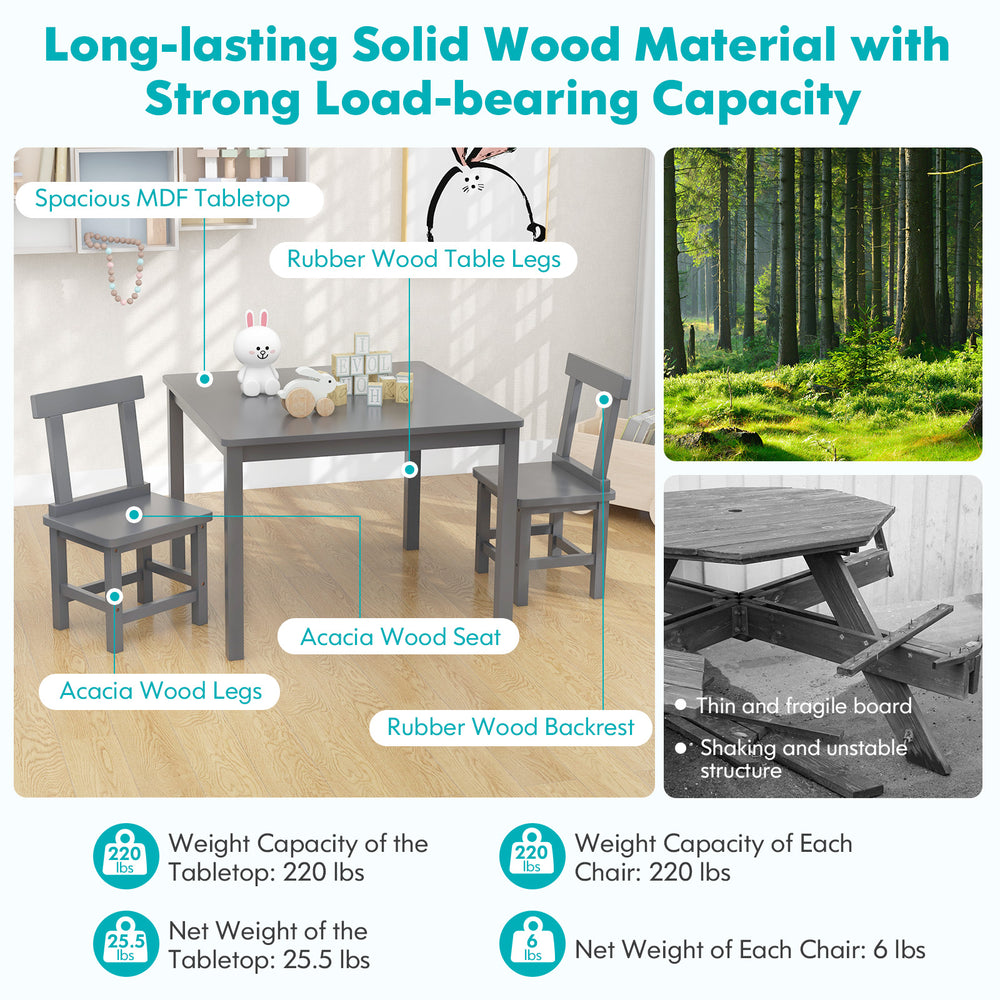 Wooden kids table and 2 chairs set in gray, featuring solid wood construction and anti-slip foot pads for stability.