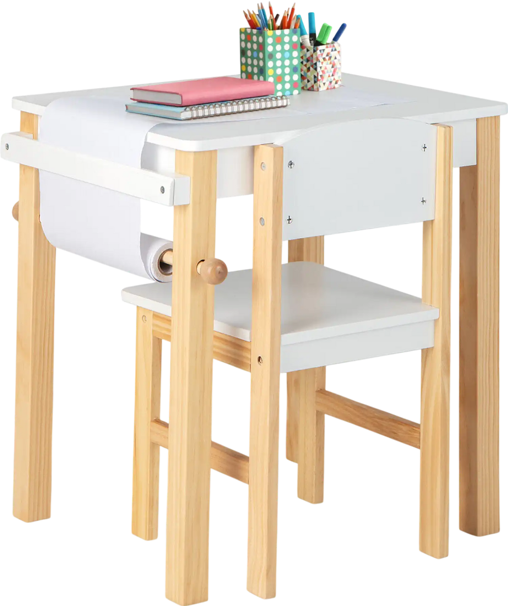 Kids art table set with ergonomic chair, natural wood legs, and smooth surface, ideal for drawing and crafts.