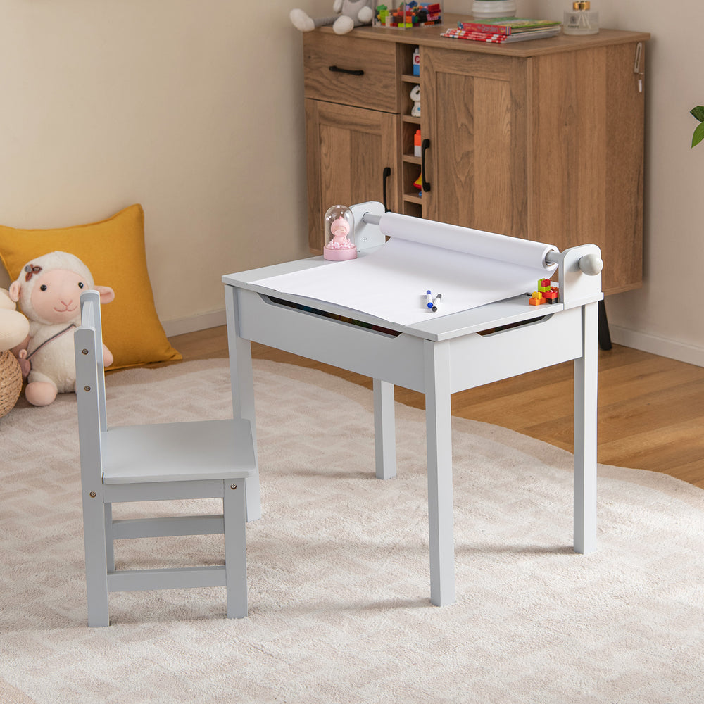 Wooden Kids Table and Chair Set with Storage and Paper Roll Holder-Gray - Gallery View 1 of 10