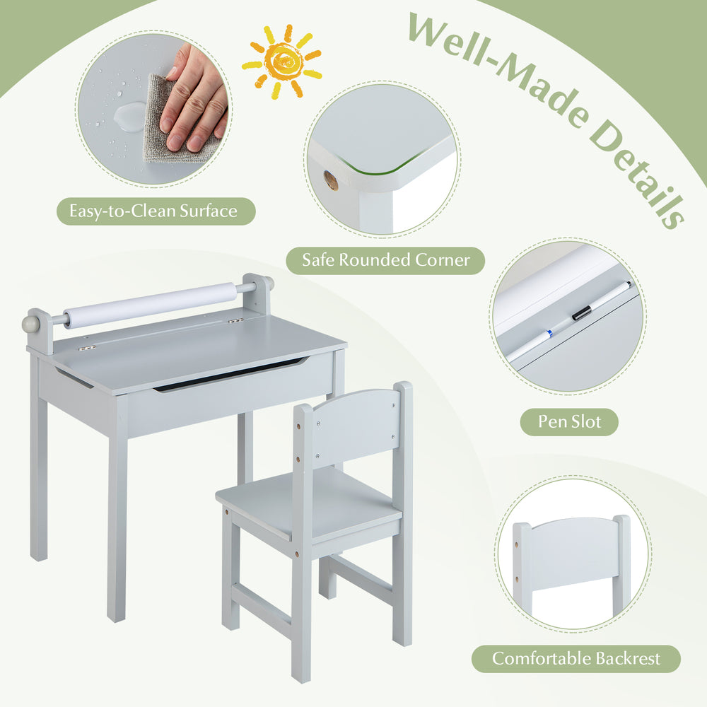 Wooden kids table and chair set in gray with paper roll holder, rounded corners, and high backrest for safety and.