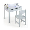 Gray wooden kids table and chair set with paper roll holder, storage drawer, and high backrest for safe play.