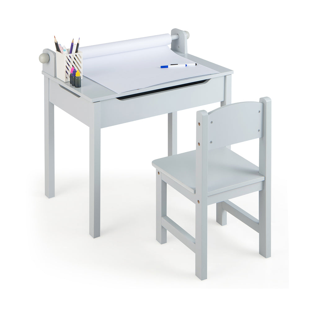 Gray wooden kids table and chair set with paper roll holder, storage drawer, and high backrest for safe play.