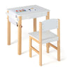 Kids art table and chair set in white with natural wood legs, featuring a paper roll and storage drawer for creative.