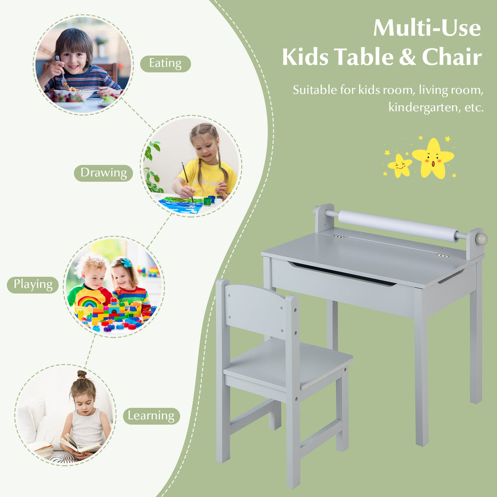 Wooden kids table and chair set in gray with paper roll holder, ideal for drawing, learning, and playing in kids' rooms.