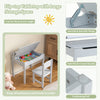 Wooden kids table and chair set in gray with flip-top storage, paper roll holder, and anti-pinch cutout handle.