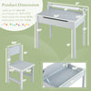 Gray wooden kids table and chair set with storage, paper roll holder, and high backrest for creative play.