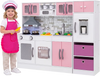 Wooden kitchen playset in pink features lights, sounds, and realistic appliances for engaging role-play fun.