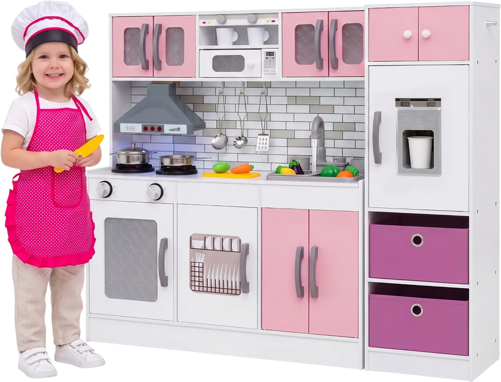 Wooden kitchen playset in pink features lights, sounds, and realistic appliances for engaging role-play fun.