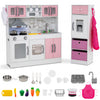 Wooden kitchen playset in pink with lights and sounds, featuring a refrigerator and various accessories for imaginative play.