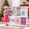 Wooden kitchen playset in pink featuring lights, sounds, and various appliances for imaginative role-playing fun.