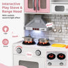 Wooden kitchen playset in pink features interactive stove with lights and sounds, perfect for imaginative play for ages 3+.