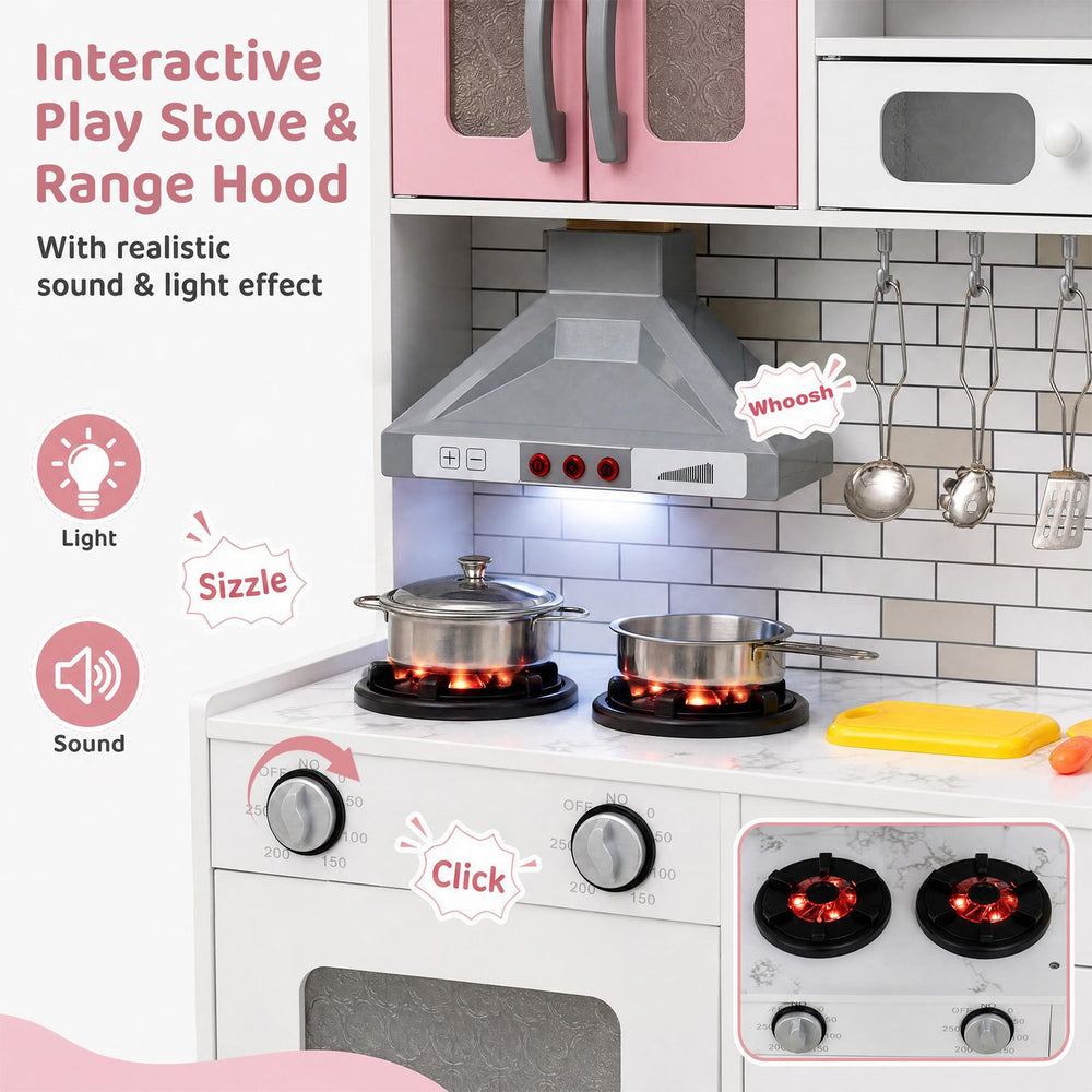 Wooden kitchen playset in pink features interactive stove with lights and sounds, perfect for imaginative play for ages 3+.