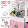 Wooden kitchen playset in pink featuring an automatic water cycle system and removable baskets for engaging role-play.