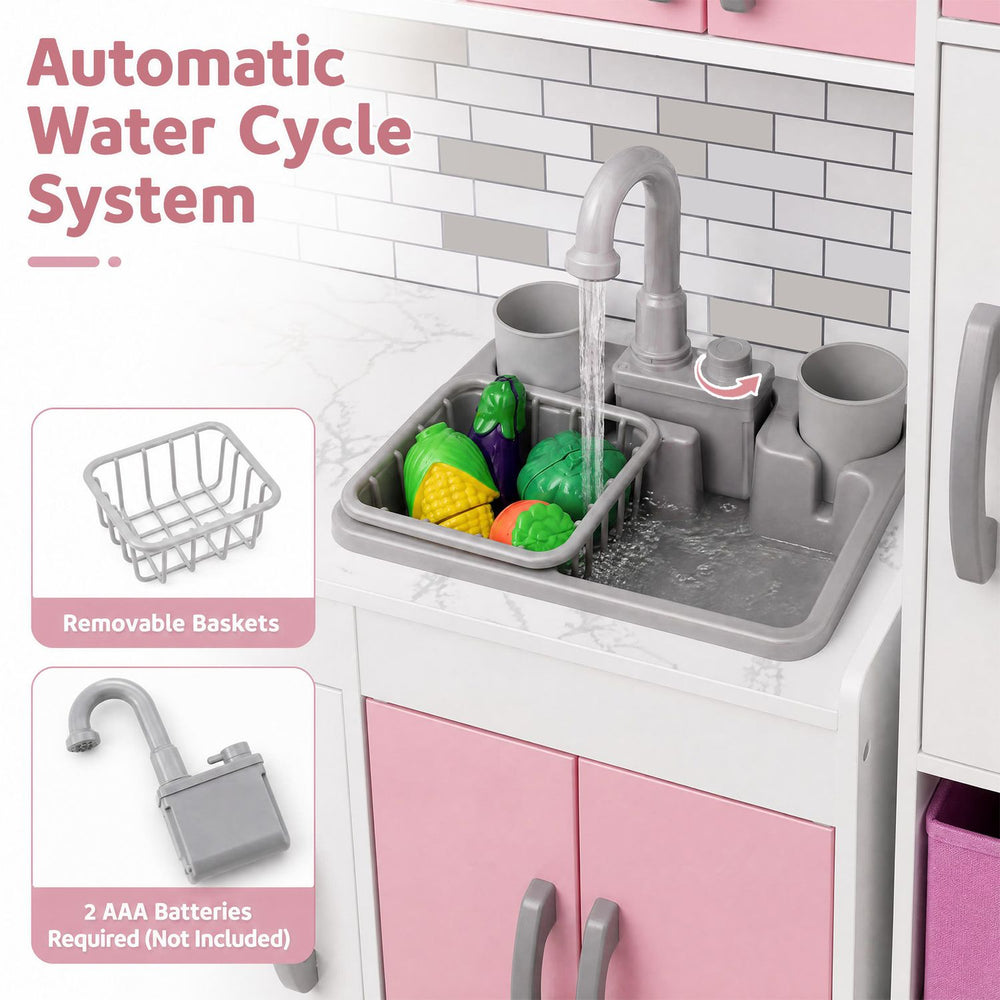 Wooden kitchen playset in pink featuring an automatic water cycle system and removable baskets for engaging role-play.