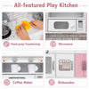 Wooden kitchen playset in pink featuring a microwave, coffee maker, and realistic lights and sounds for immersive play.