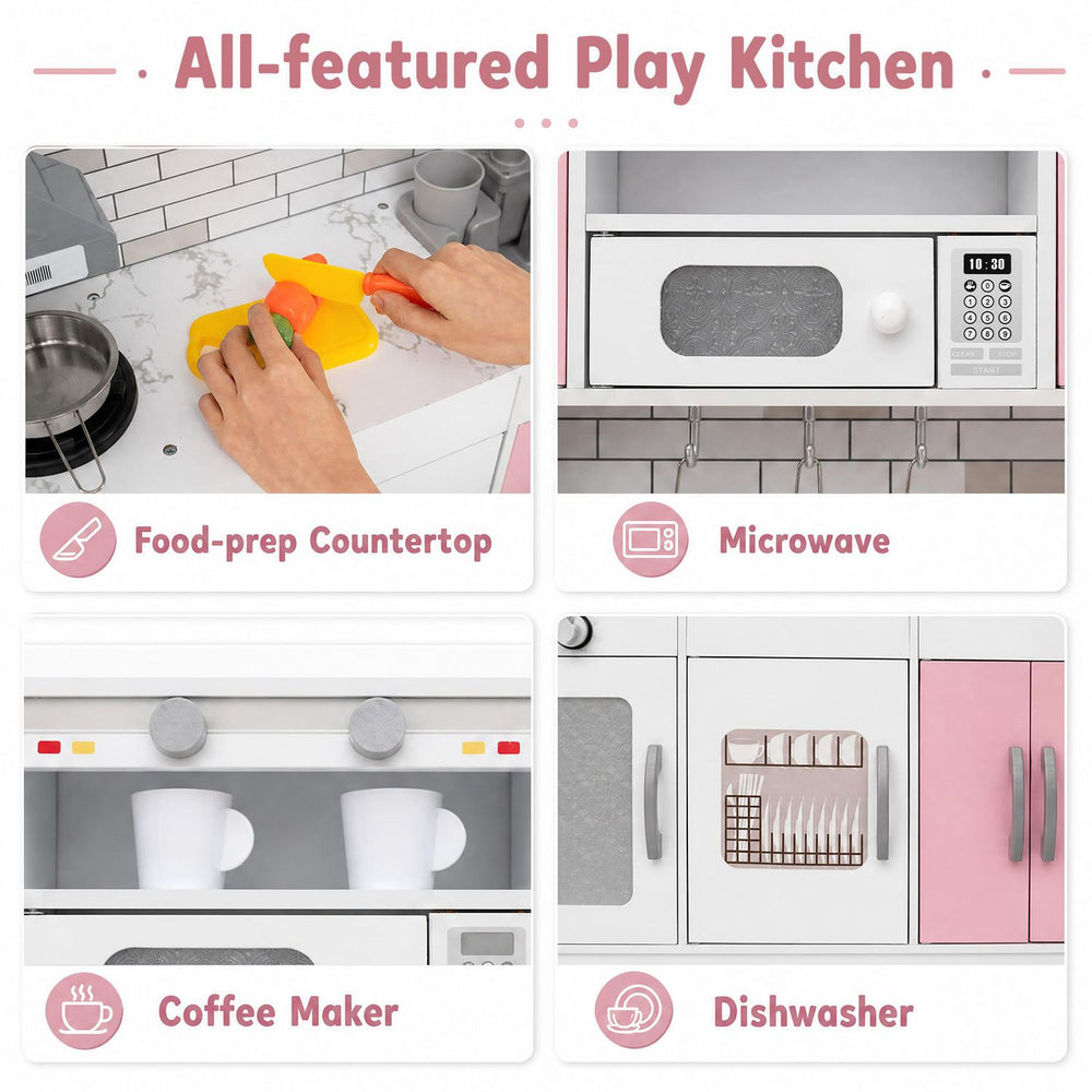 Wooden kitchen playset in pink featuring a microwave, coffee maker, and realistic lights and sounds for immersive play.