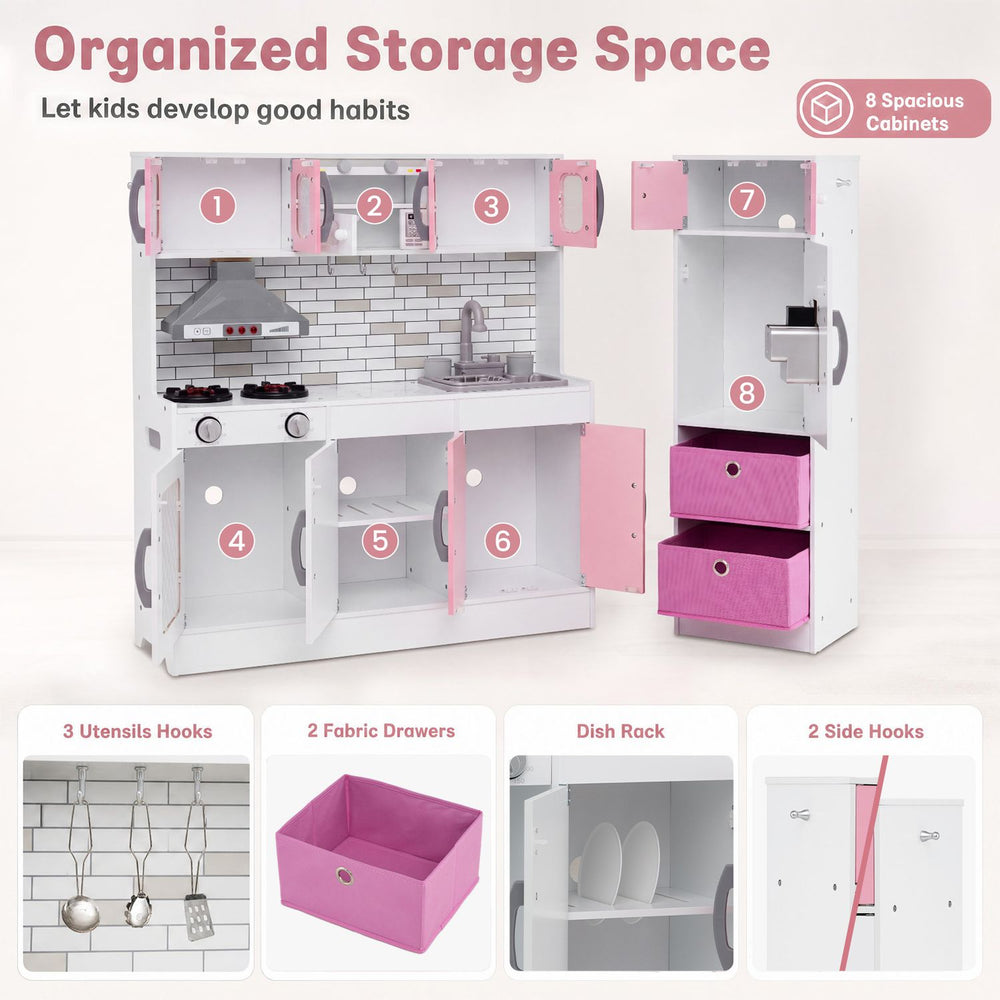 Wooden kitchen playset in pink features lights, sounds, and organized storage with cabinets and fabric drawers for kids.