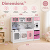 Wooden kitchen playset in pink features realistic sounds, lights, and multiple appliances for imaginative role-playing.