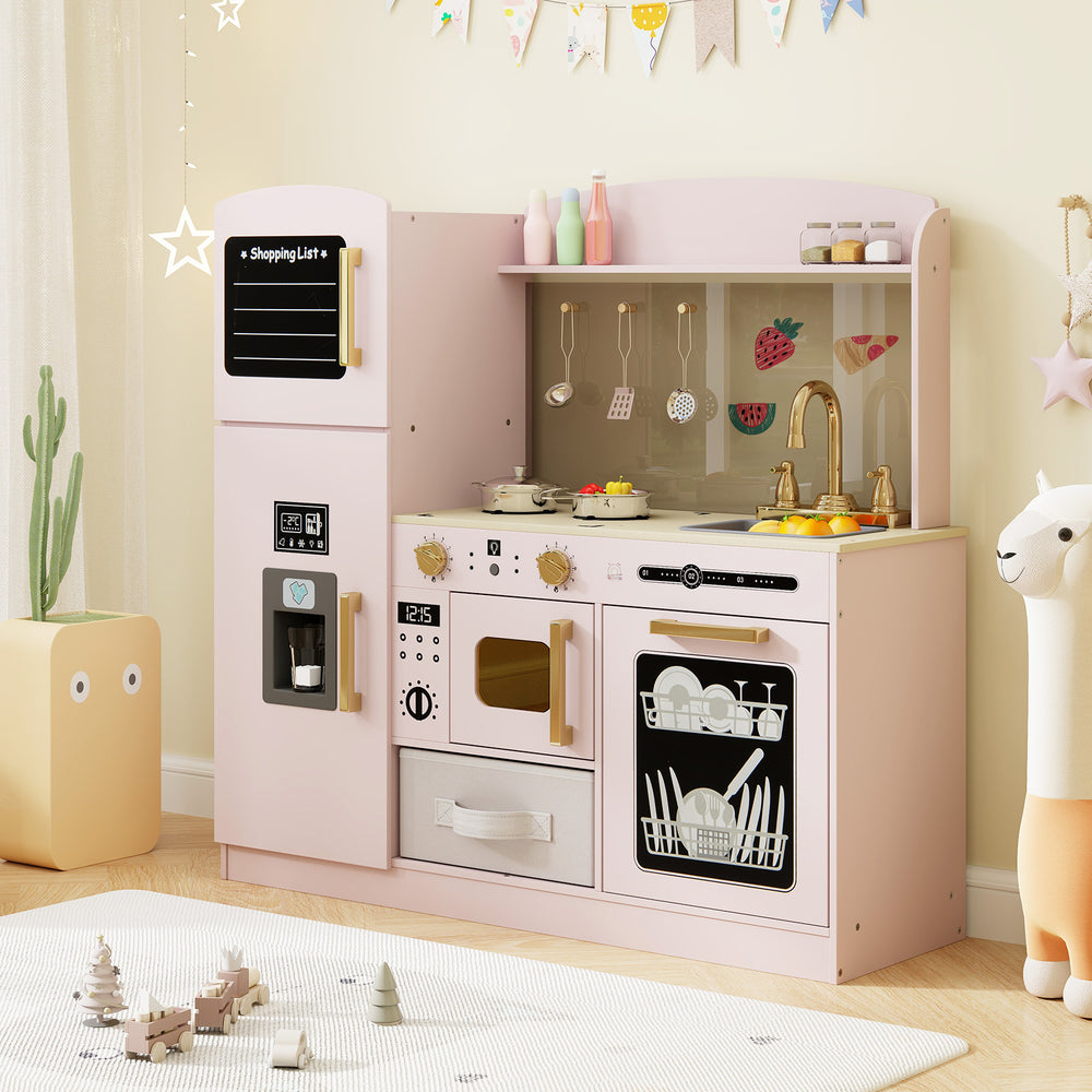 Wooden kids kitchen playset in pink featuring a lighted microwave, sink, ice maker, and engaging accessories for.