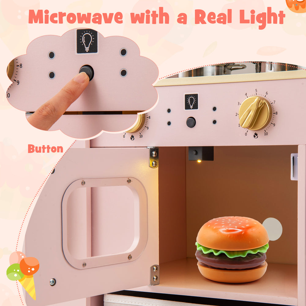 Lighted microwave feature of the pink wooden kids kitchen playset, showcasing a hamburger inside for imaginative play.