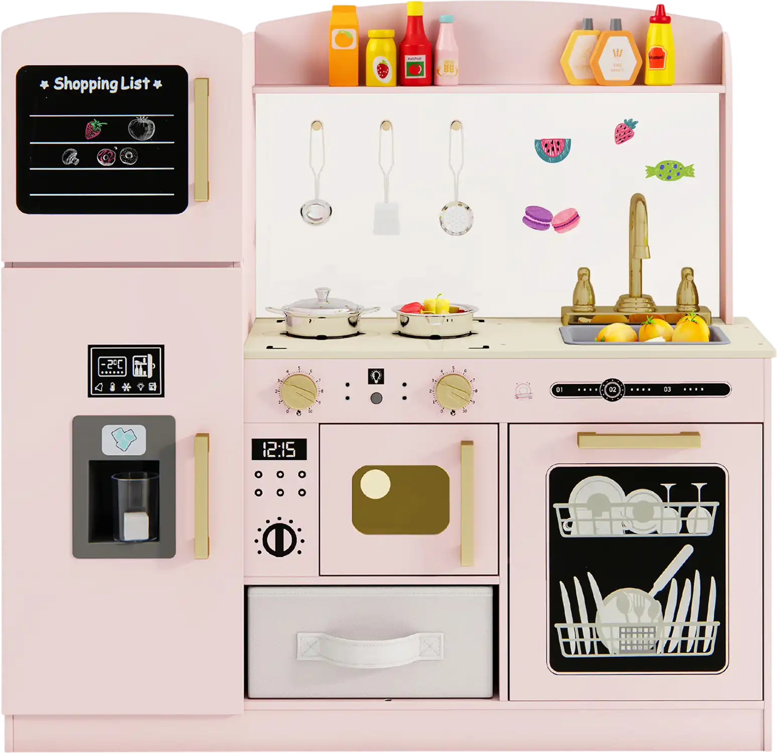 Costway Wooden Kids Kitchen Playset Chalkboard Ice Maker Sink Lighted Microwave 125497638 New