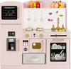 Wooden kids kitchen playset in pink with microwave, sink, ice maker, and accessories for imaginative play.