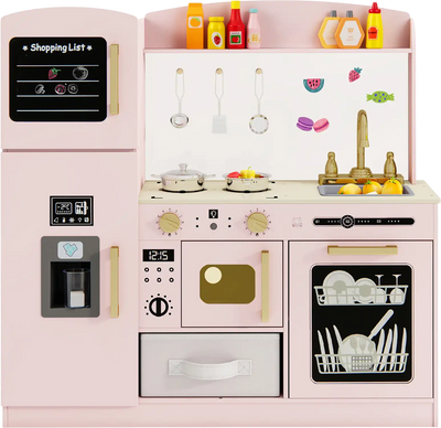 Costway Wooden Kids Kitchen Playset Chalkboard Ice Maker Sink Lighted Microwave 125497638 New