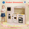 Wooden kids kitchen playset in pink featuring a microwave, sink, and ice maker, ideal for imaginative play and.