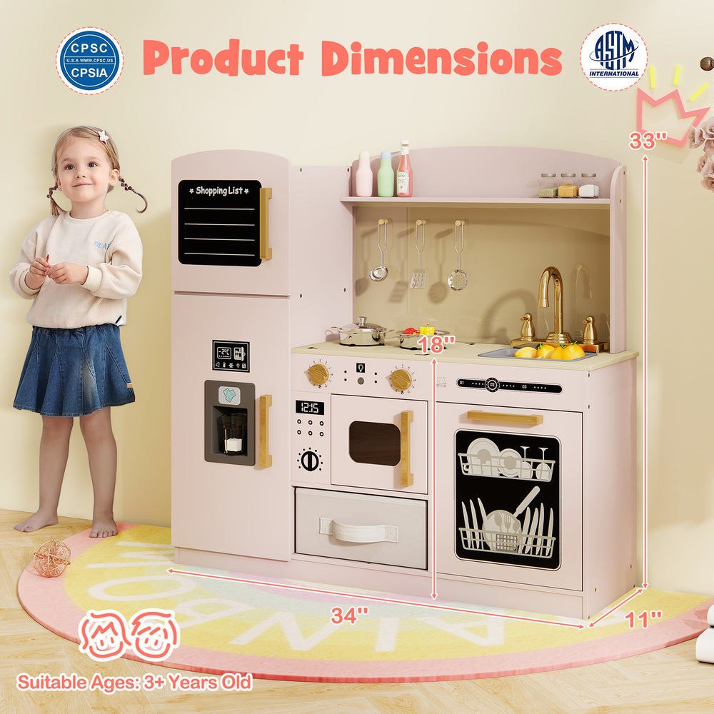 Wooden kids kitchen playset in pink featuring a microwave, sink, and ice maker, ideal for imaginative play and.