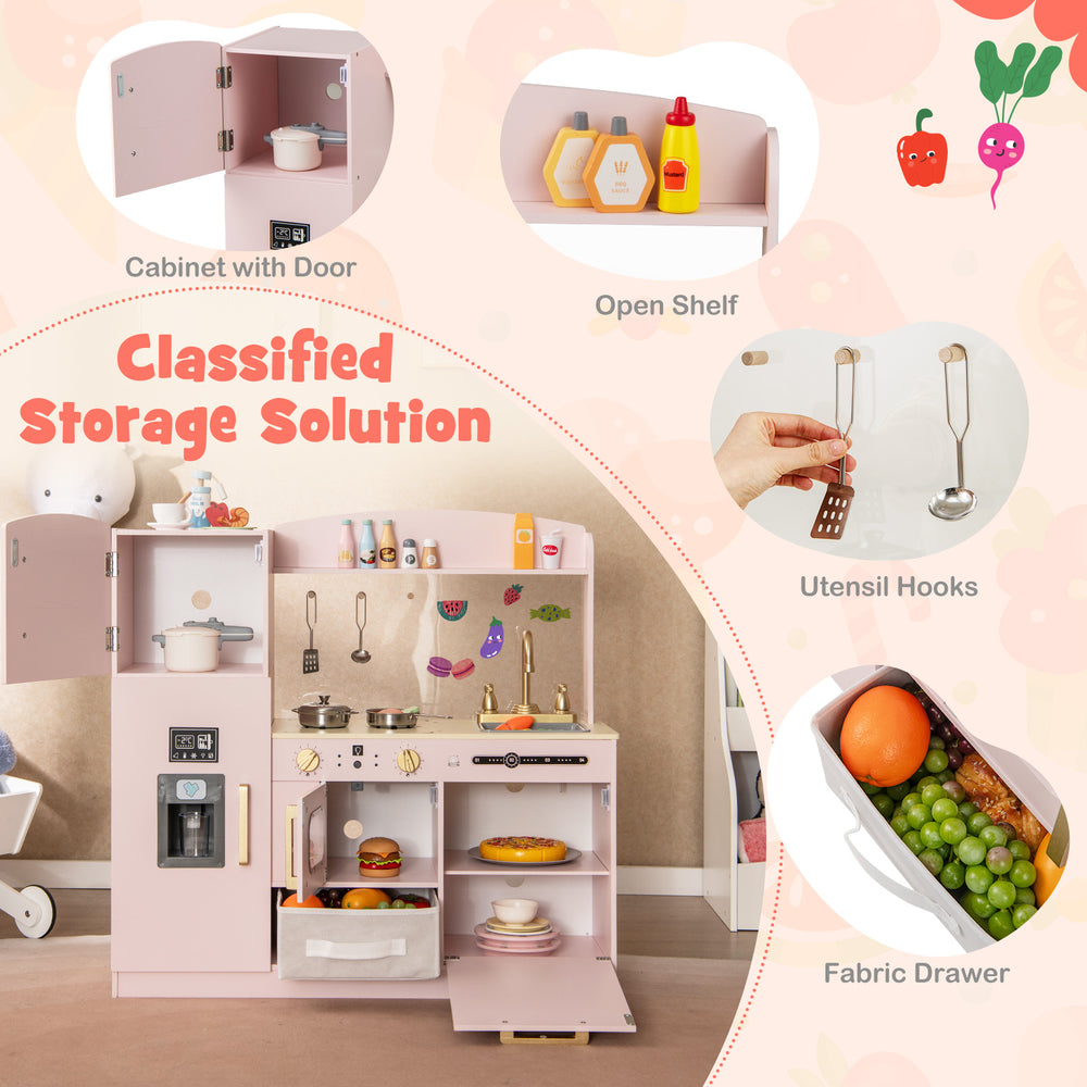 Wooden kids kitchen playset in pink featuring a lighted microwave, sink, and classified storage solution for.