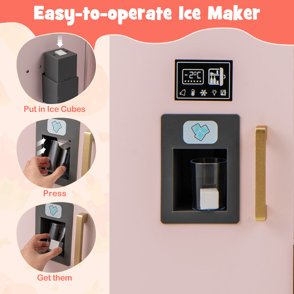 Easy-to-operate ice maker feature on the pink Wooden Kids Kitchen Playset for imaginative play and fun.