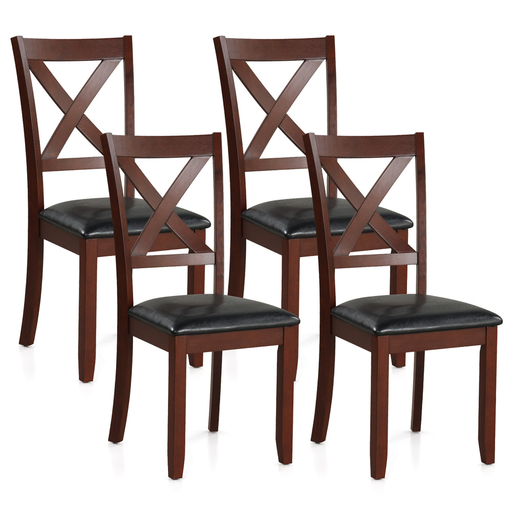 Set of 4 wooden dining chairs with padded seats, rubber wood legs, and ergonomic X-shaped backrest for kitchen use.