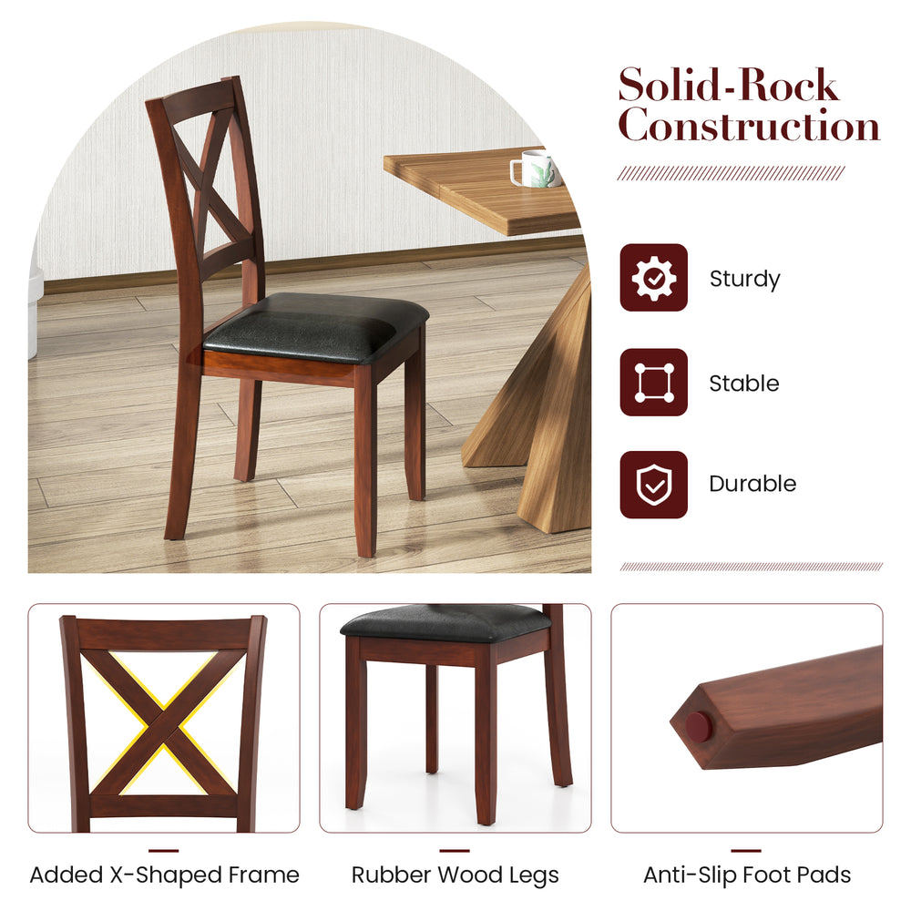 Wooden dining chair with padded seat, rubber wood legs, and X-shaped frame for ergonomic support and stability.