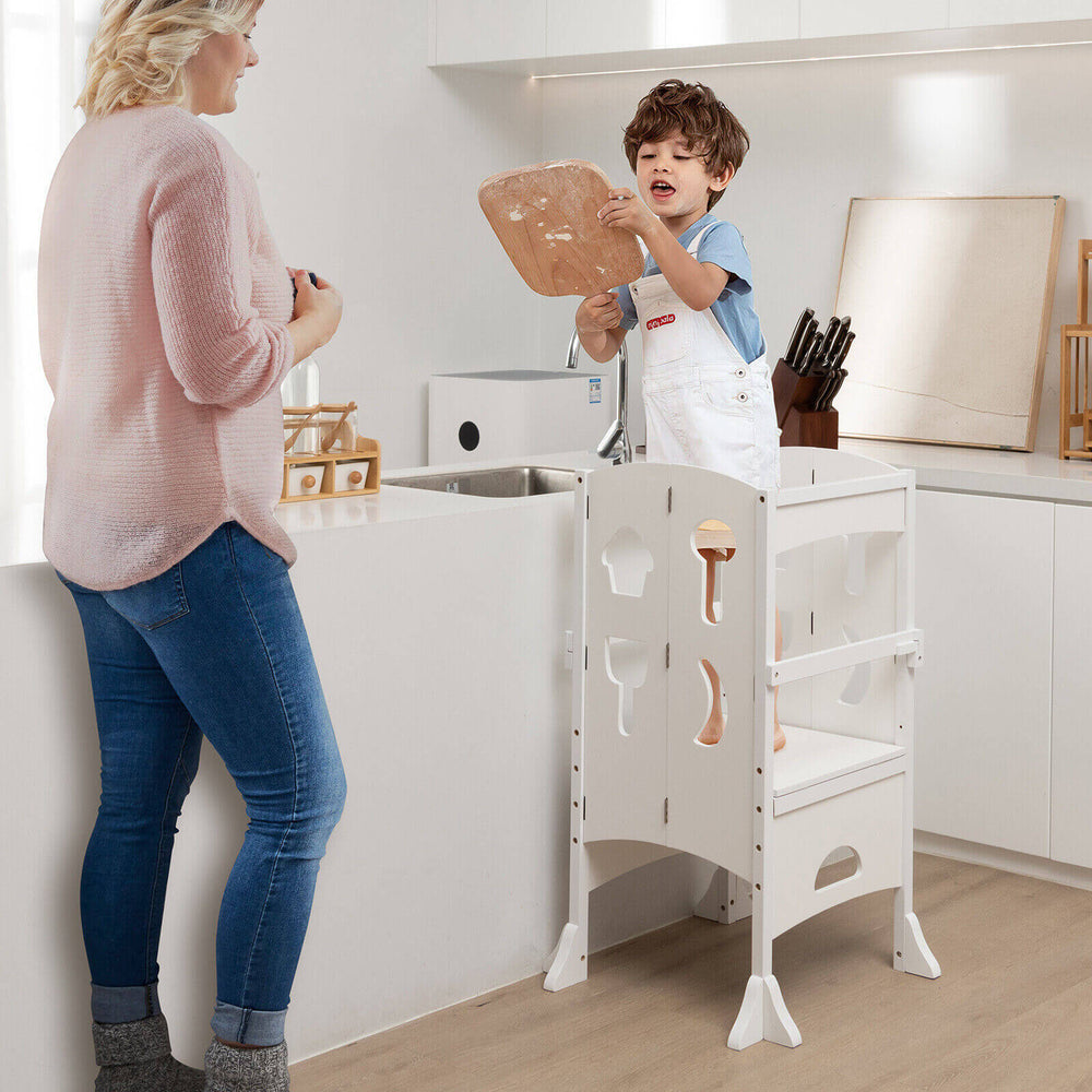 Folding Wooden Step Stool with Lockable Safety Rail for Toddler 3+-White - Gallery View 1 of 10