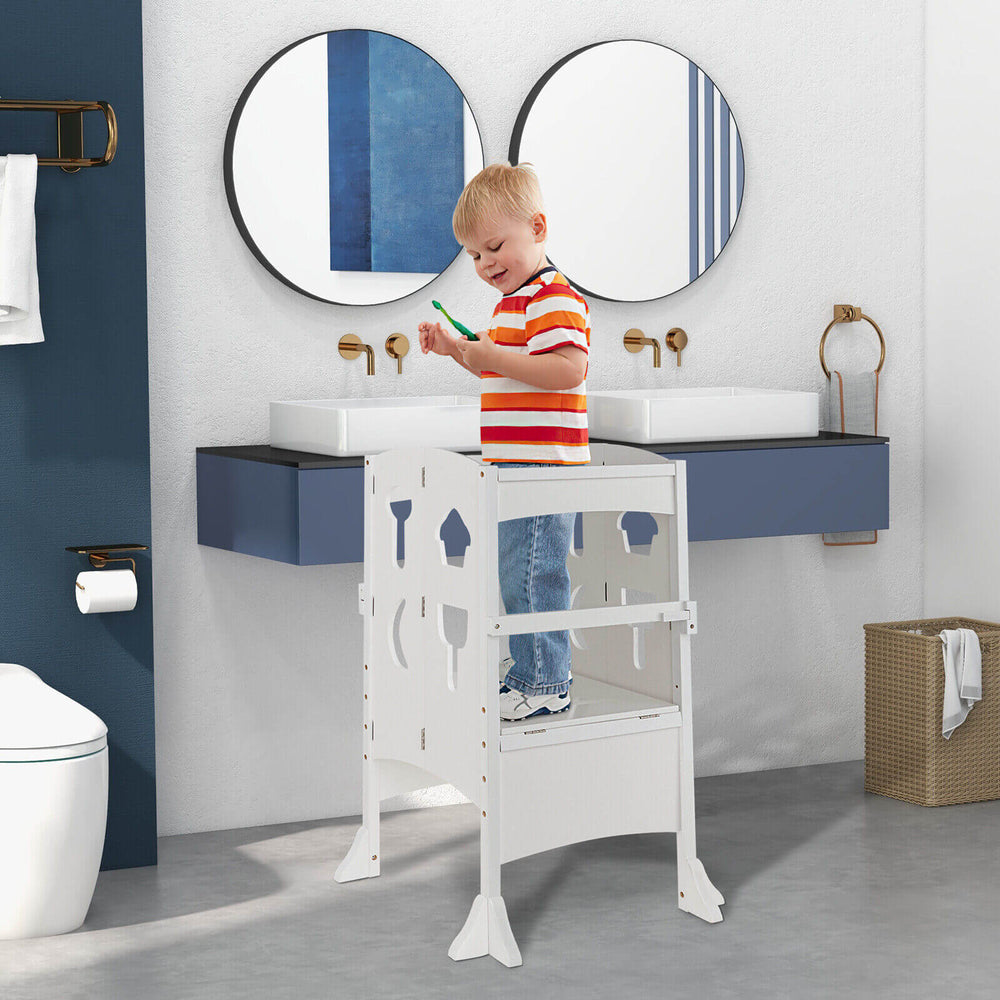 Folding wooden step stool for toddlers, featuring a height-adjustable platform and lockable safety rail, ideal for.