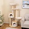 Wooden kitten tower with sisal scratching posts, featuring two condos and a padded top perch for playful cats.