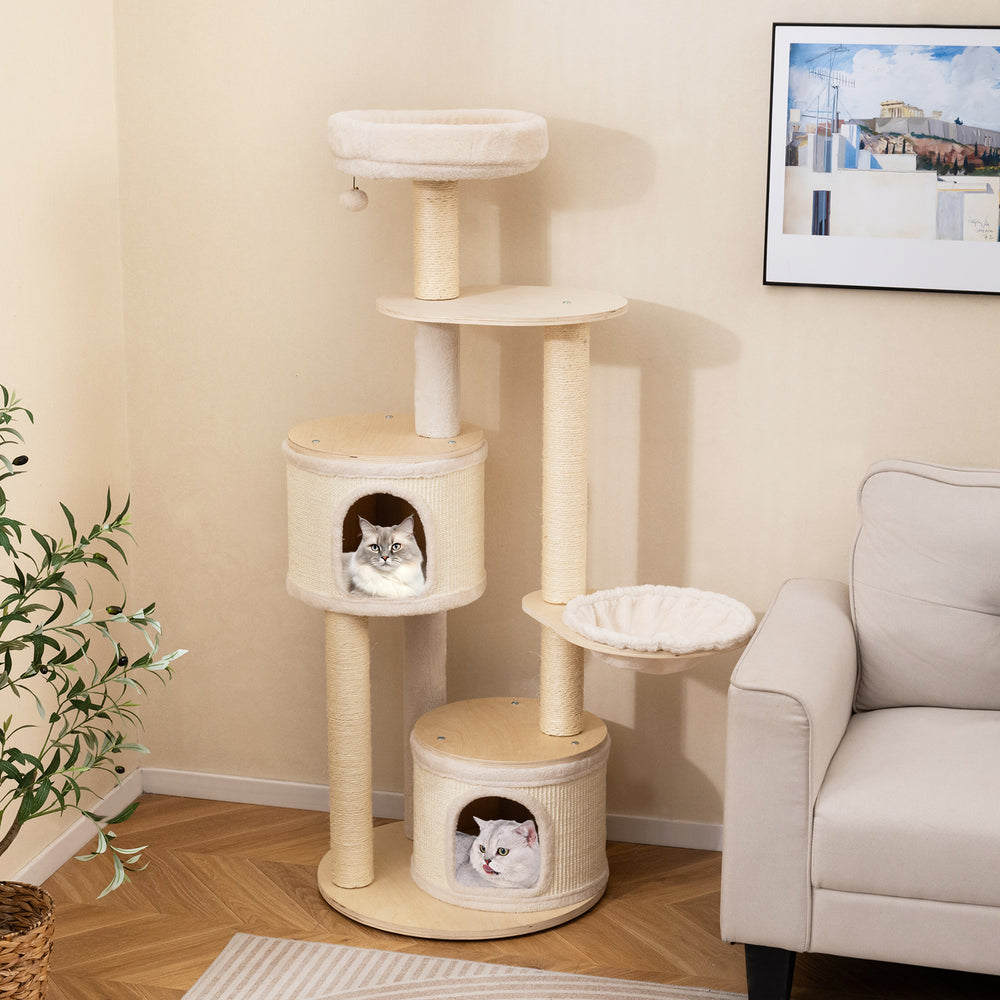 Wooden kitten tower with sisal scratching posts, featuring two condos and a padded top perch for playful cats.