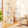 Wooden kitten tower with sisal scratching posts, two condos, and a padded top perch for playful and cozy cat lounging.